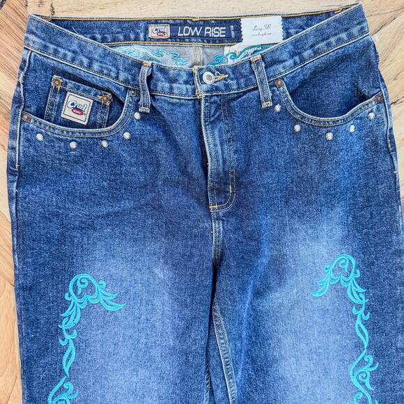 Cruel Girl, Women's 15, Low Rise Relaxed Fit Studded Turquoise Embroidered Jeans - Picture 3 of 13